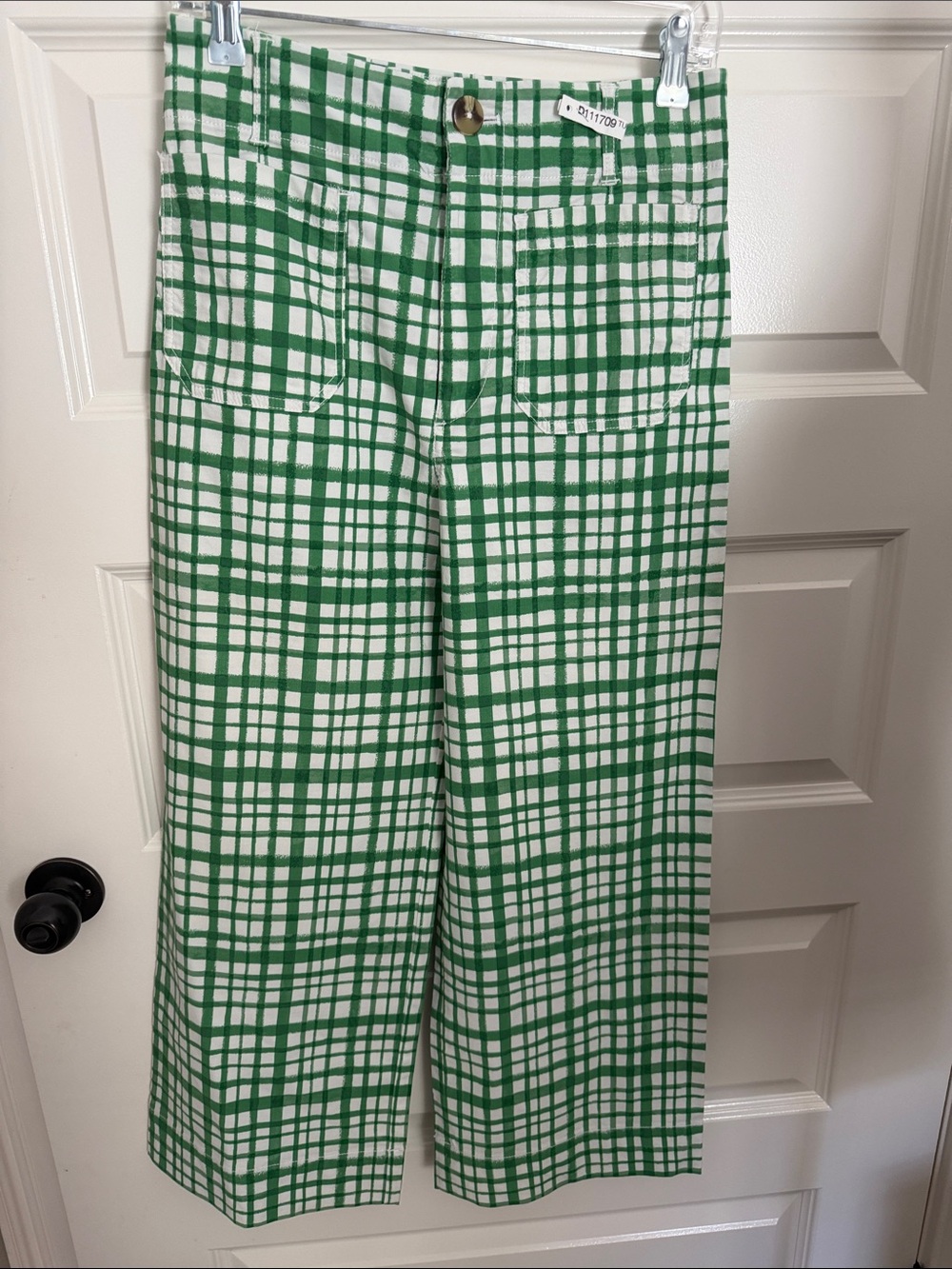 Maeve Green and White Plaid Wide-Leg Trousers
